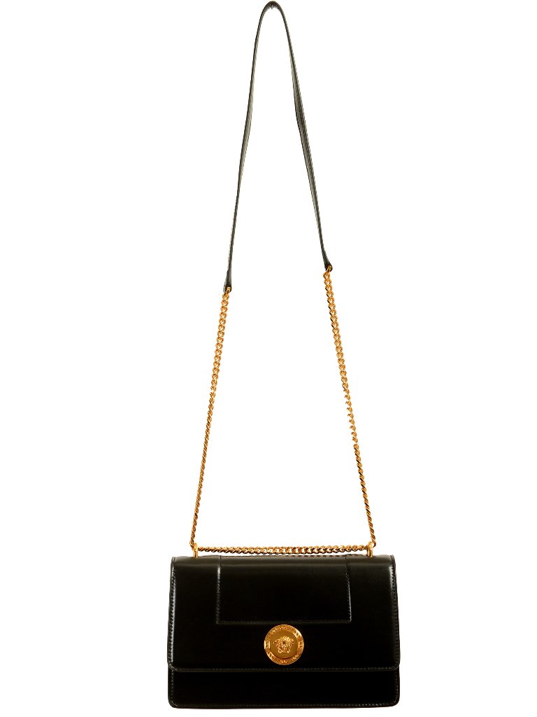 Versace Black 100% Leather Gold Medusa Chain Handbag Shoulder Bag